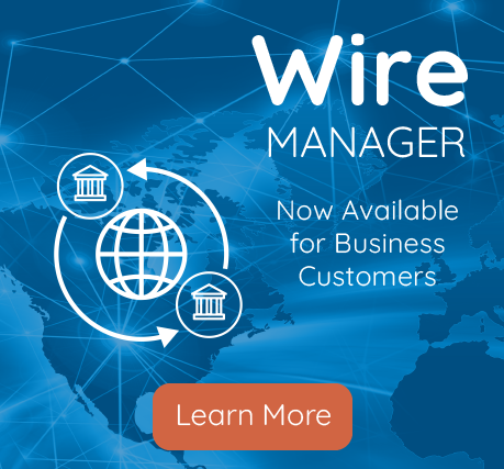 global map with digital connection lines and bank transfer icon with wire manager now available for business customers learn more button